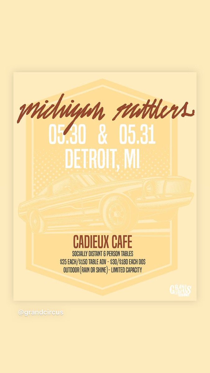 2 nights!  <a href="/MichRattlers/">Michigan Rattlers</a> outside at <a href="/Cadieuxcafe/">Cadieux Cafe</a> 5/30 &amp; 5/31 on Eastside of #Detroit

6 ticket table blocks on sale now!  bit.ly/3tB5l2I