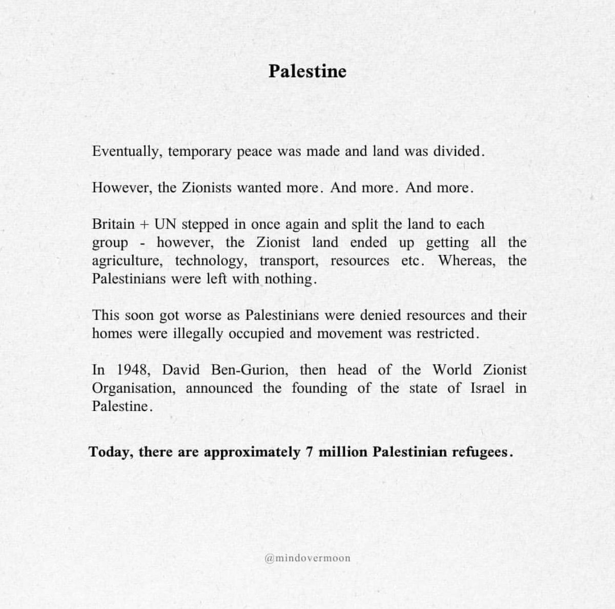 sourdiezell's tweet photo. a VERY simplified version of the history of palestine-israel. if you want to educate yourself, i think this will be quite helpful. 

credit: @/mindovermoon on instagram. 

#FreePalestine #SavePalestine #SaveSheikhJarrah https://t.co/QgJJtg33P7