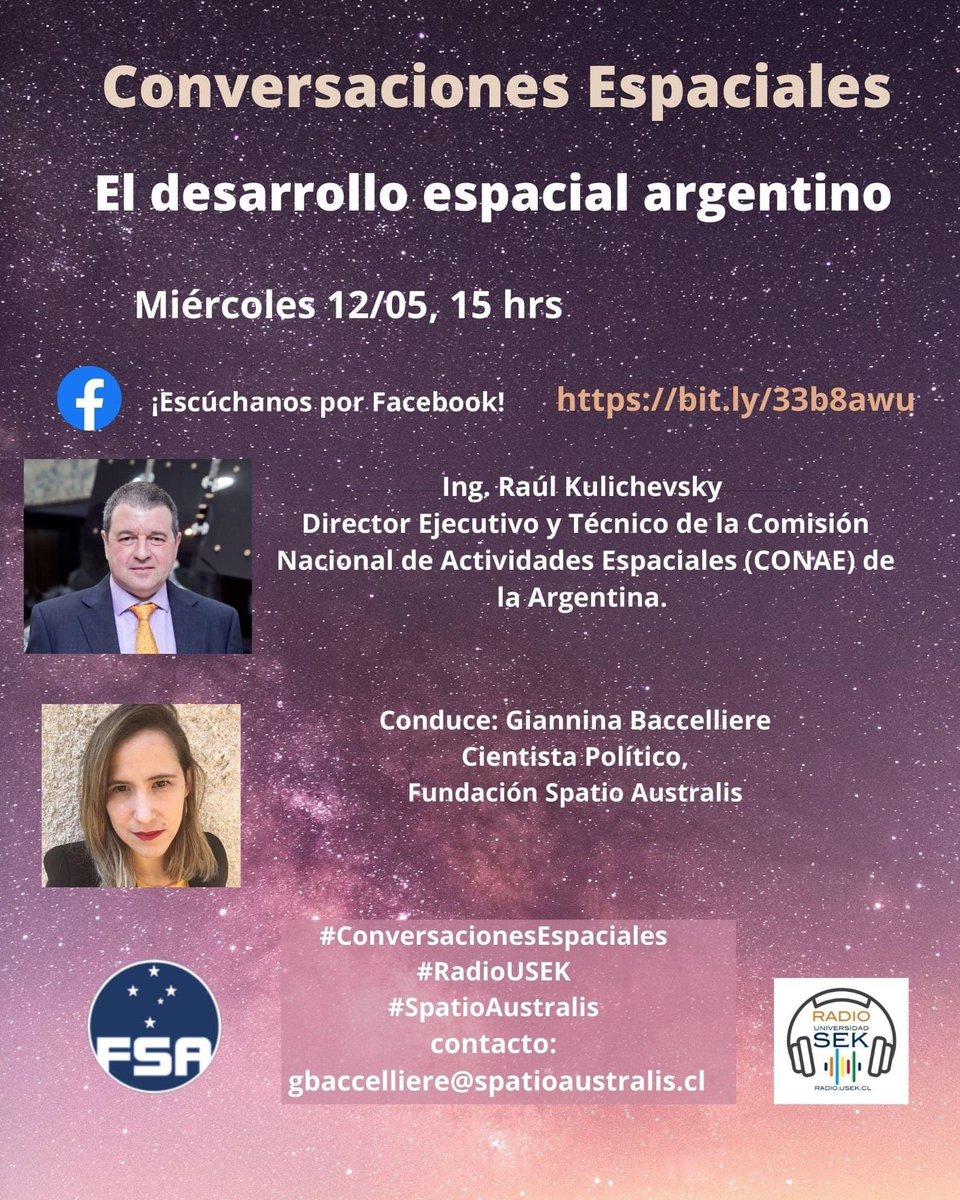 En este episodio hablaremos del “Desarrollo Espacial Argentino" junto a Raúl Kulichevsky, Director Ejecutivo y Técnico de la Comisión Nacional de Actividades Espaciales (CONAE) de Argentina 🇦🇷
Ya lo sabes, este miércoles, desde las 15 hrs, no te pierdas Conversaciones Espaciales.