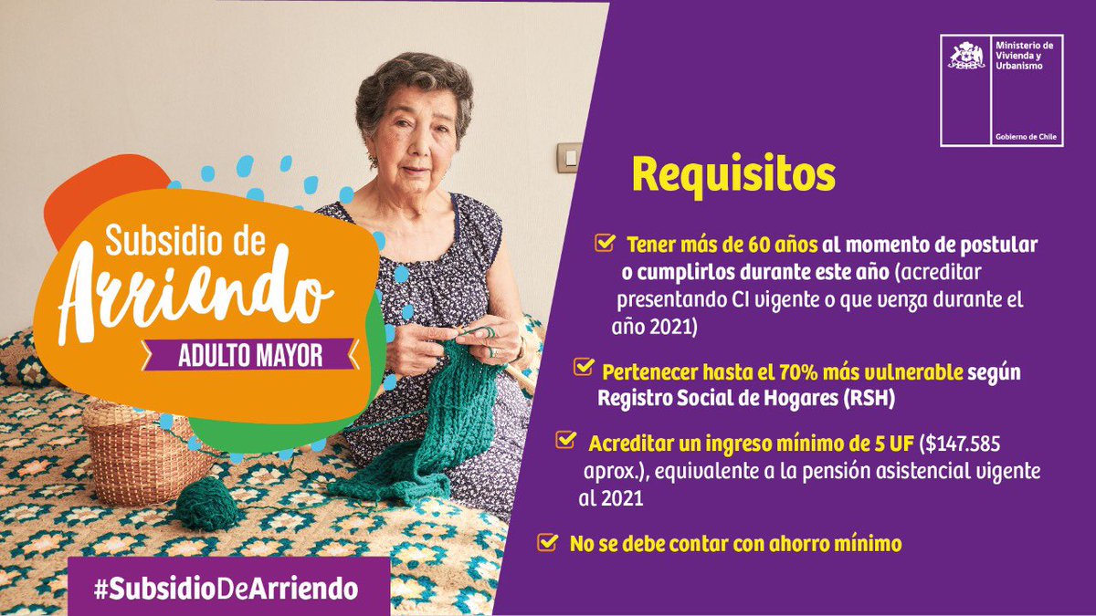 ¡ATENCIÓN! 👵🏻👴🏼 Ya están disponibles las postulaciones al #SubsidioDeArriendo para adultos mayores. 100% online en minvu.cl con asistencia 📞📱

✅Cubre entre el 90% y el 95% del arriendo
✅Se entrega por 24 meses, con posibilidad de renovar
✅No se requiere ahorro