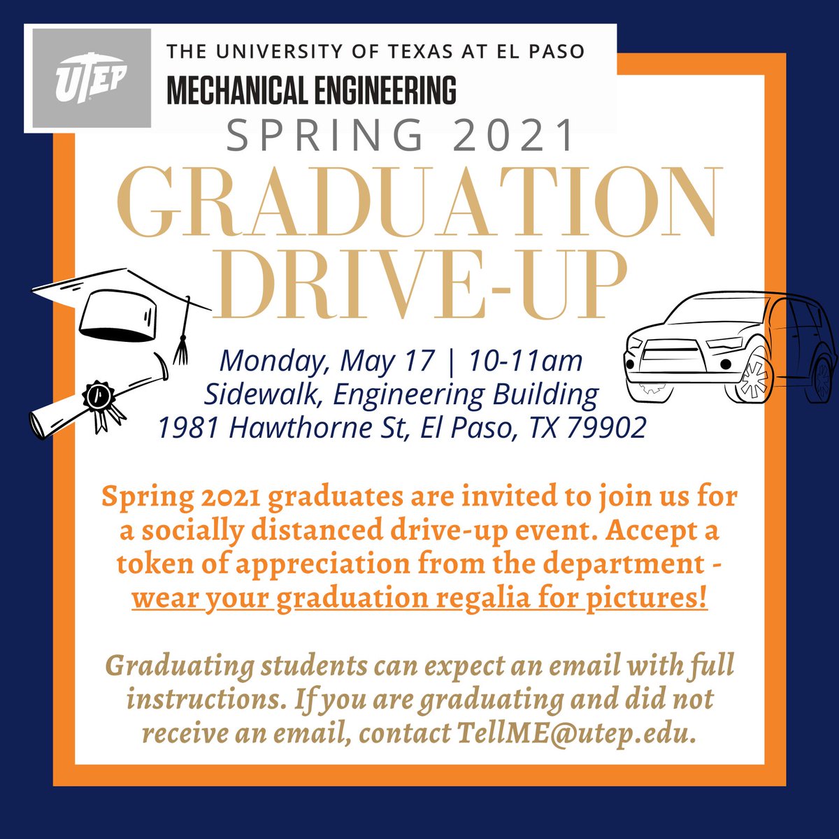 UTEPMechanical's tweet image. Congrats, grad! The Mechanical Engineering will be hosting its Spring 2021 graduation event on Monday, May 17th from 10-11am. Please check your email for full instructions 🤙 #MajoringMechanical