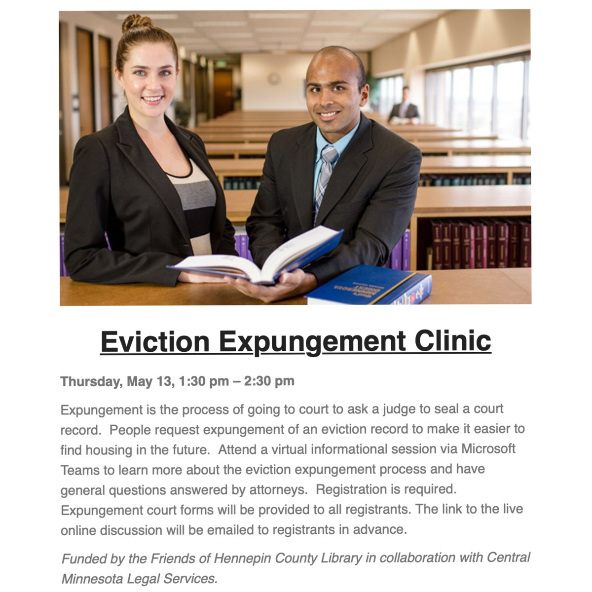 hpnampls's tweet photo. Do you need help getting an eviction expunged from your record? @hclib and @centralmnlegal are hosting a virtual information session for free! This Thursday, May 13th 1:30pm-2:30pm!
 
Registration required: https://t.co/qhT7V9sUl0
#EvictionExpungement #Eviction #renters #nmpls https://t.co/XfOzVSz6lD