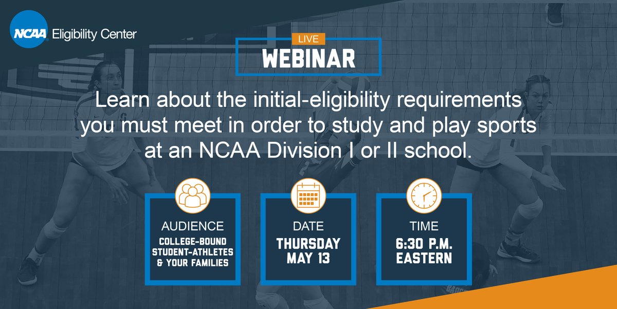 Today is the last day to register for the <a href="/ncaaec/">NCAA Eligibility Center</a> spring webinar. Save your spot and join us tomorrow at 6:30 p.m. Eastern!

➡️ on.ncaa.com/Web_05062021
