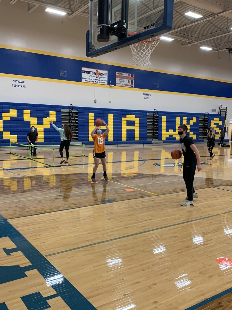 Basketball Skills Challenge: First 10 shots made in the 1991 NBA Finals mapped out on the floor. Students working on some shooting skills today in PE. #JohnsburgPE