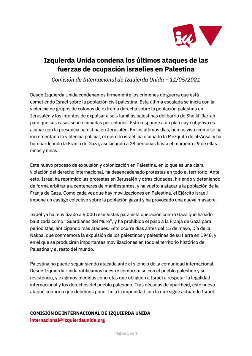 🇵🇸 COMUNICADO | Desde <a href="/IzquierdaUnida/">Izquierda Unida🔻🇵🇸</a> mostramos nuestra firme condena por los últimos ataques perpetrados por las fuerzas de ocupación israelíes contra el pueblo palestino - izquierdaunida.org/2021/05/11/izq…