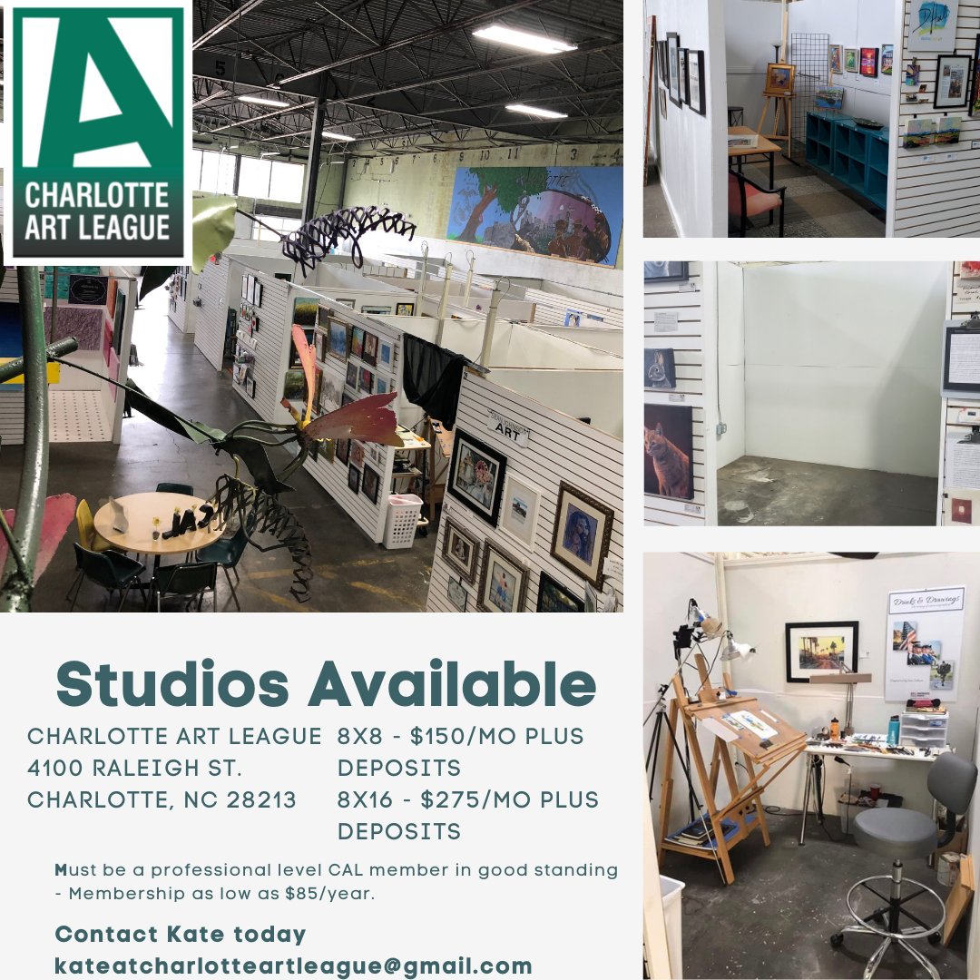 CAL has artist studio space available! Get in before our move and be the first to choose your spot in the new location. Contact Kate for more info kateatcharlotteartleague@gmail.com.