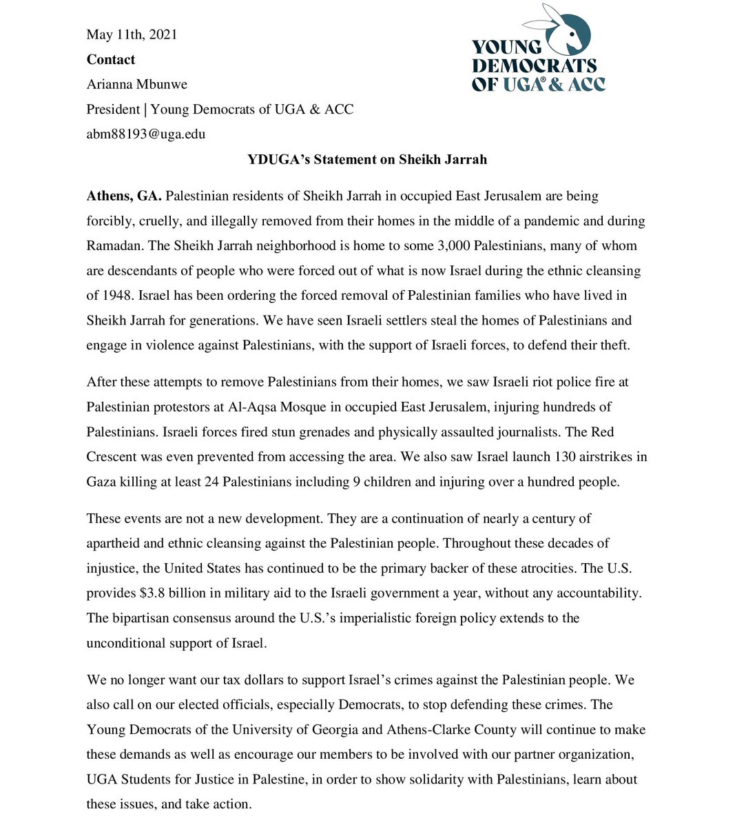 YoungDemsUGA's tweet photo. Young Democrats of UGA statement on Sheikh Jarrah. https://t.co/sdhTXne9UK