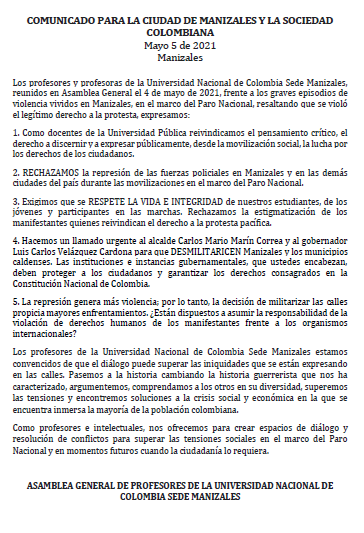 RuizBelizza's tweet photo. #LaNachoDice
Comunicado de la asamblea profesoral de la UNAL Manizales para la ciudad de Manizales y la sociedad colombiana
@UNAL_Manizales 
@UNALOficial 
@ASPU_Colombia https://t.co/ILJEykWwxa