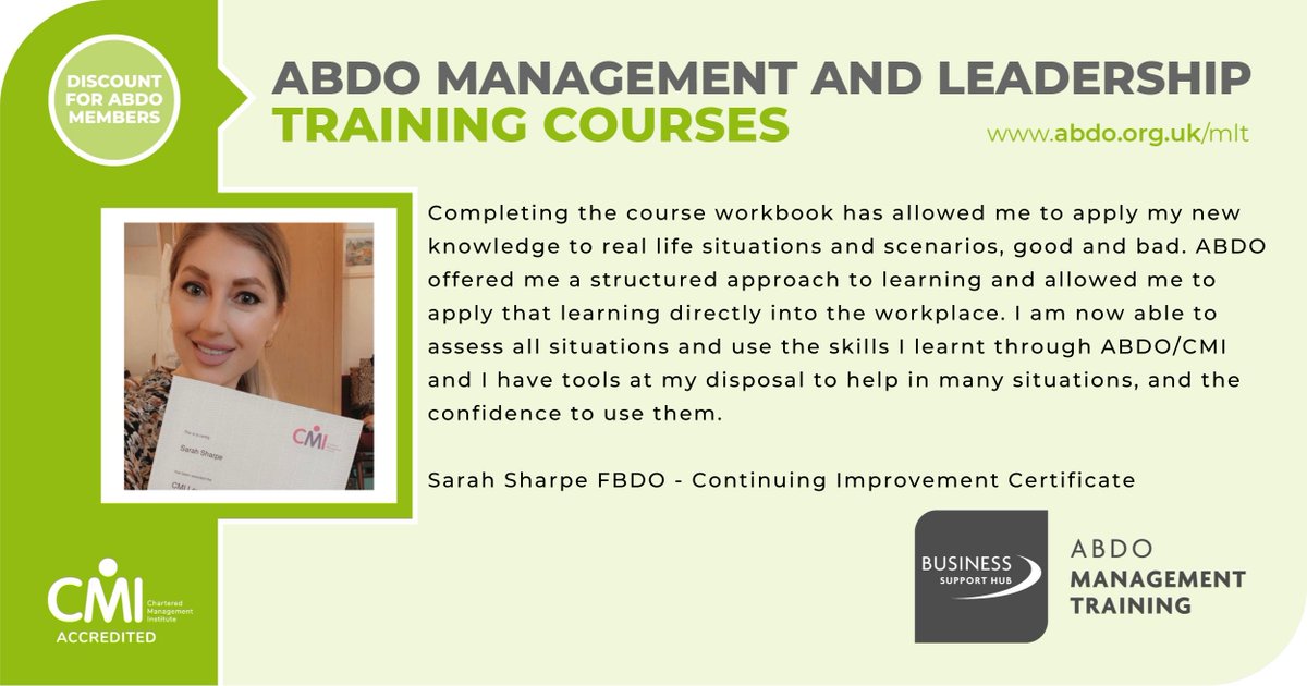 ABDOLND's tweet photo. Applications are now open for the next intake of the ABDO Management and Leadership courses https://t.co/xCoHorskde

Find out what previous students say about the courses https://t.co/i5VqxX3Bhc https://t.co/7PzQPTUMub