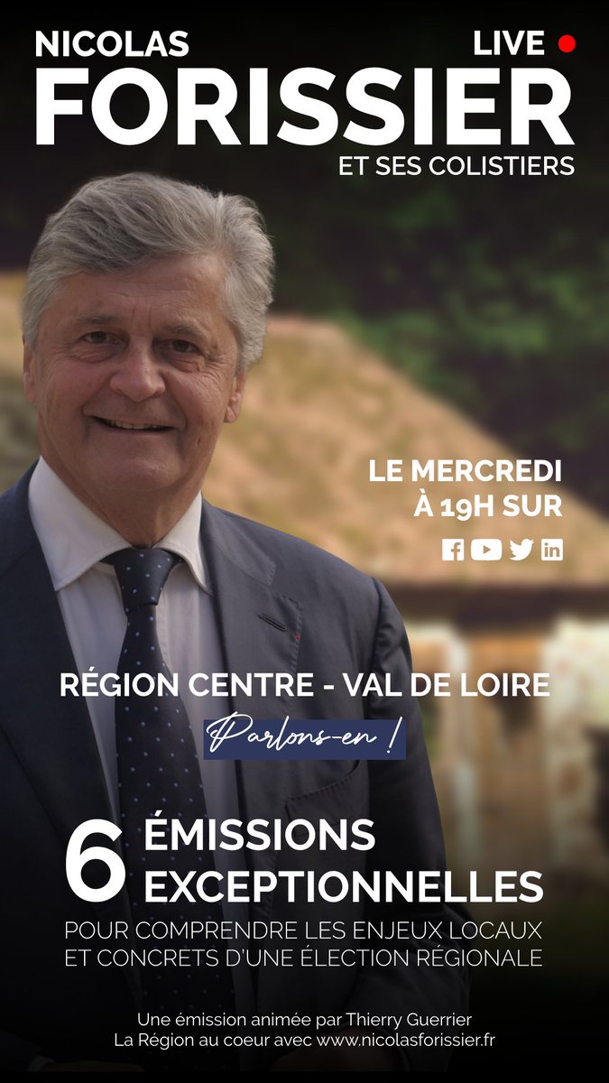 N_Forissier's tweet image. Région Centre-Val de Loire, PARLONS-EN !  Rendez-vous tous les mercredis à 19h en live pour échanger sur notre projet.  Une émission animée par @ThierryGuerrier #ElectionsRégionales2021