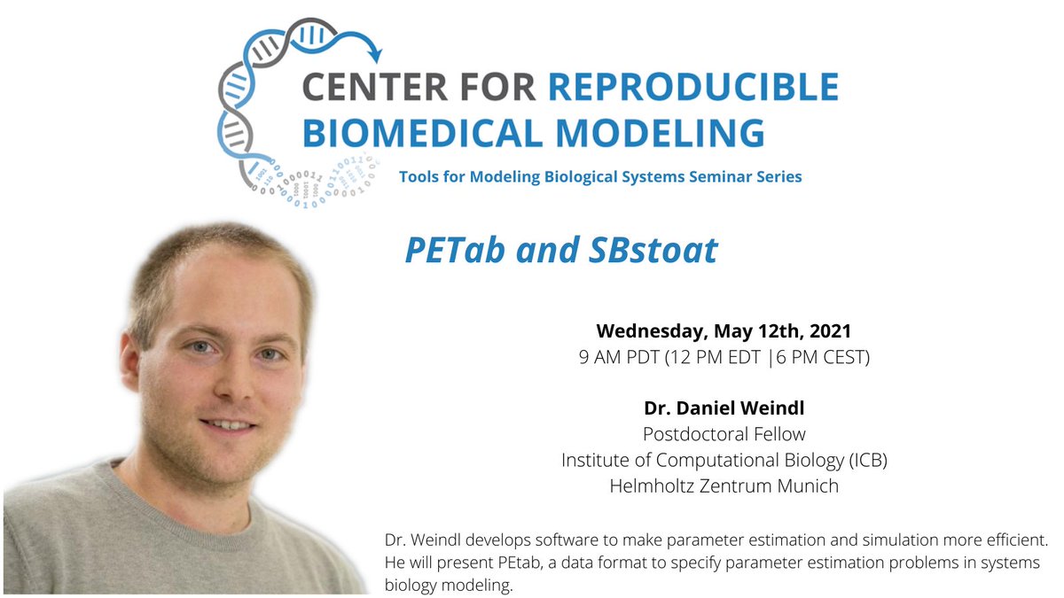reprobiomodels's tweet image. Join us via Zoom on Wednesday, May 12th for our monthly Tools for Modeling Biological Systems Seminar Series.

This month&apos;s discussion - PETab and SBstoat - includes Dr. Daniel Weindl (@dweindl) with the Helmholtz Center Munich.
#biomodeling #systemsbio #systemsbiology 

(1 of 3)