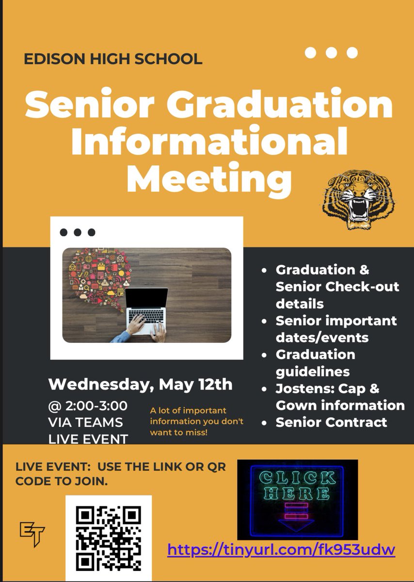 Senior Meeting tomorrow at 2:00 on Teams! Find out all there is to know about Senior Check Out and Graduation! Don’t miss it!