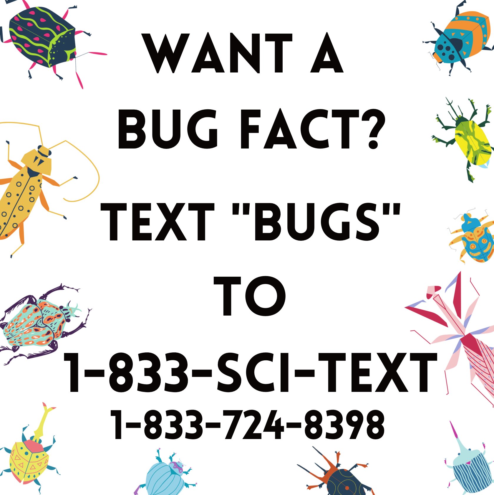 Want a bug fact? Text BUGS to 1-833-SCI-TEXT 1-833-724-8398 with a white background and 11 brightly colored bugs, all beetles except for one pink mantis surrounding the words