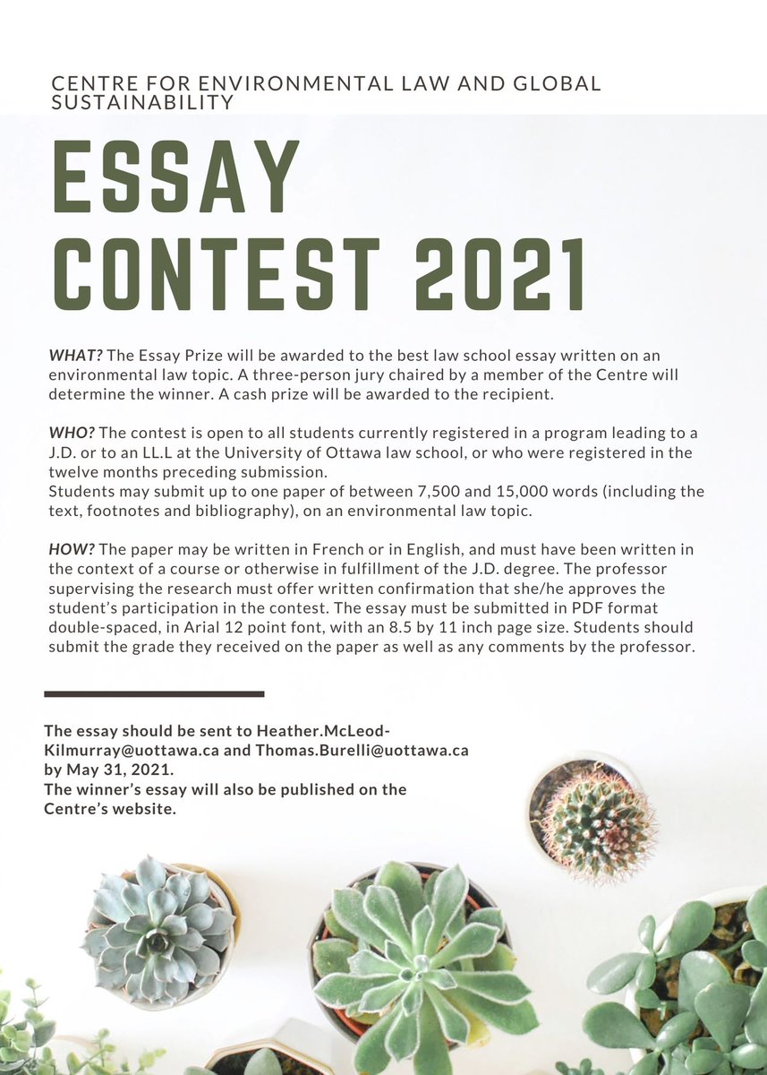 Submit your research papers to the CELGS 2021 Essay Contest by May 31! The prize will be awarded to the best essay written on an enviro law topic. Open to all law students <a href="/uocommonlaw/">uOttawa | COMMON LAW</a> <a href="/DrCiviluOttawa/">Droit Civil uOttawa</a> 🌿