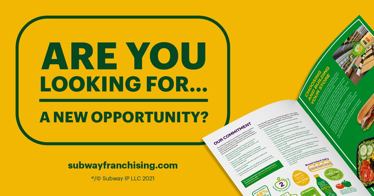 Seeking a new opportunity?

We have franchise opportunities for new and existing stores throughout the UK and Ireland. 

Request a brochure today: bit.ly/Requestabrochu…

#Subway #Franchising #BeYourOwnBoss #NewCareer