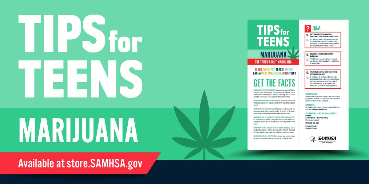 🗓️ Today's #NPW2021 theme is Preventing Illicit Drug Use and Youth Marijuana Use.

This fact sheet for teens:
• Provides facts about #marijuana
• Describes short- and long-term effects 
• Dispels common myths 
store.samhsa.gov/product/Tips-f…