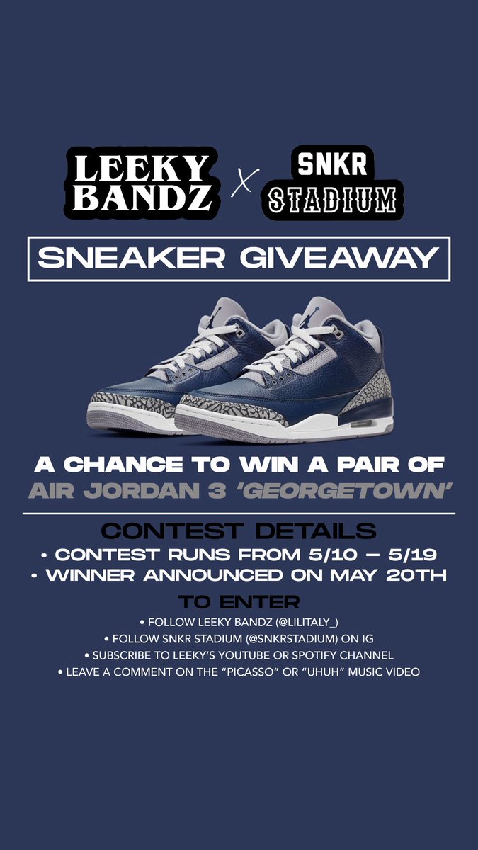 Ayo !!

@LeekyBandz is teaming up with <a href="/SNKRSTADIUM/">SNKR STADIUM🏁</a> to giveaway the Georgetown 3s!

Want to enter 👇🏽👇🏽👇🏽👇🏽👇🏽

fpt.fm/app/28635/leek…