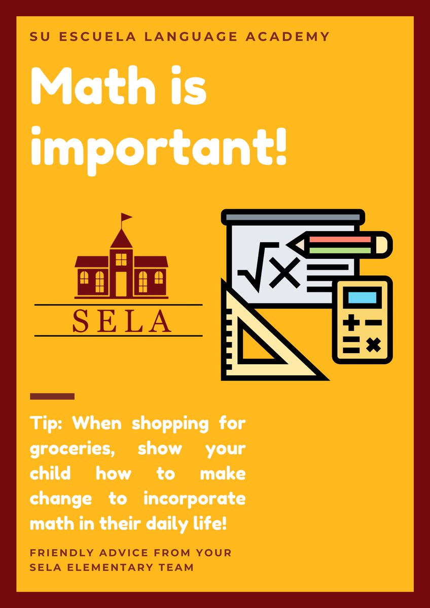 SELAhingham's tweet photo. Another friendly tip from your SELA elementary team— incorporate math into your child’s daily life! Going to the grocery store or running errands with them? Ask them for their help when making change with money to practice their math skills. #SELA #Hingham https://t.co/jFflRSCDbO