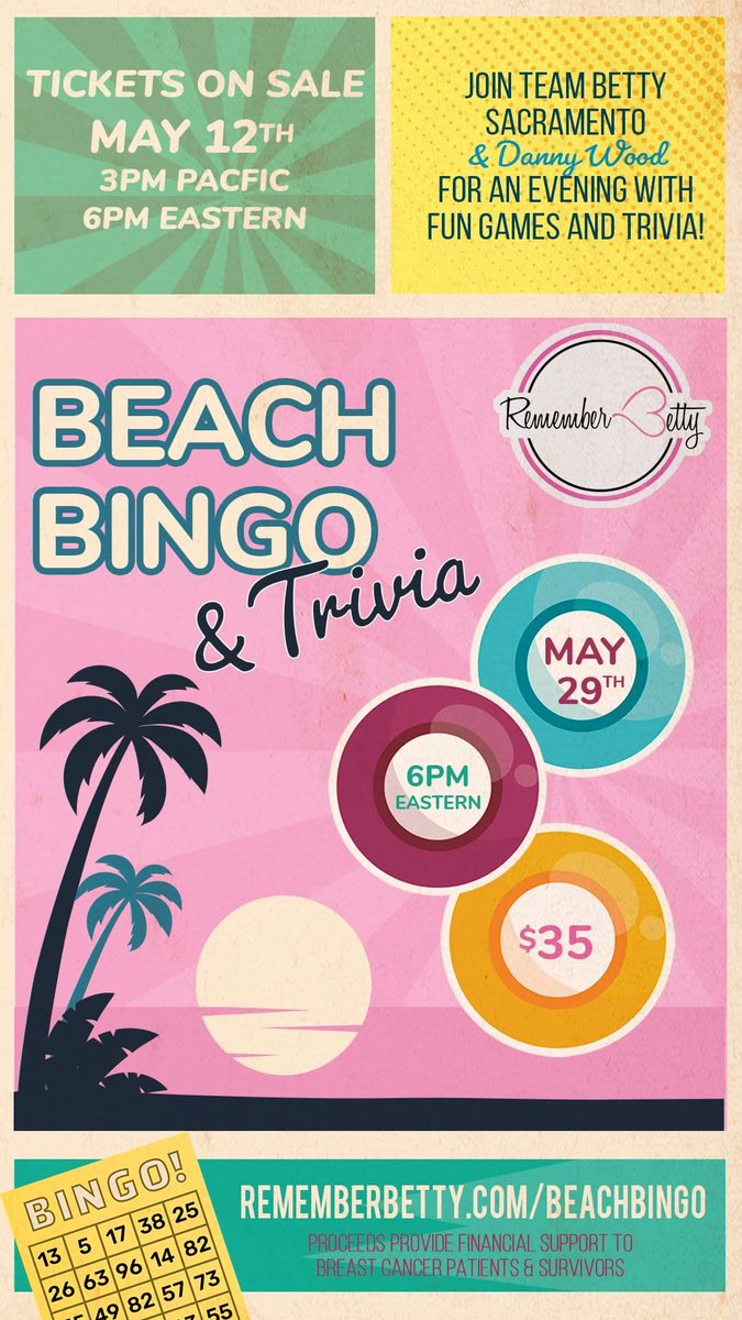 Join <a href="/TeamBettySac/">Team Betty Sacramento</a> for a Virtual Bingo &amp; Trivia Game Night on Saturday May 29th at 6PM EST. Tickets are $35, come spend the night with <a href="/dannywood/">Danny Wood</a>, games, trivia, Q&amp;A and be entered in for the opportunity to win AMAZING prizes. Proceeds benefit <a href="/RememberBetty/">Remember Betty</a>
Tickets on sale 5/12!
