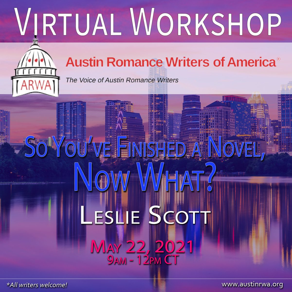From the slush piles of traditional publishing to working with indie editors, SO YOU'VE FINISHED A NOVEL, NOW WHAT? <a href="/leslieSwrites/">Leslie Scott</a> will answer all of your burning questions. 

This Special Event is open to all writers! #WritingCommunity

Register at: austinrwa.org/special-events/