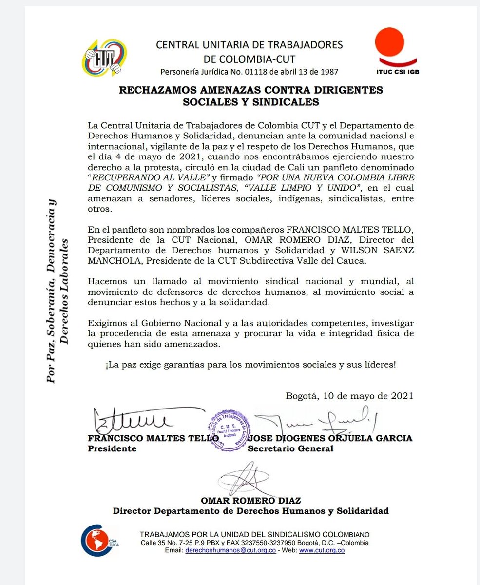 PFendidoc's tweet photo. @PFendidoc rechazamos amenazas contra la dirigencia sindical del país y el Valle . Respaldo @cutcolombia en el diálogo amplio nacional
 seguiremos en las calles exigiendo la negociación pliego presentado #ComiteNacionalDelParo. Presentes!
 @asindieva @maltescut1  @CutColombia https://t.co/I9HpbWI8fu