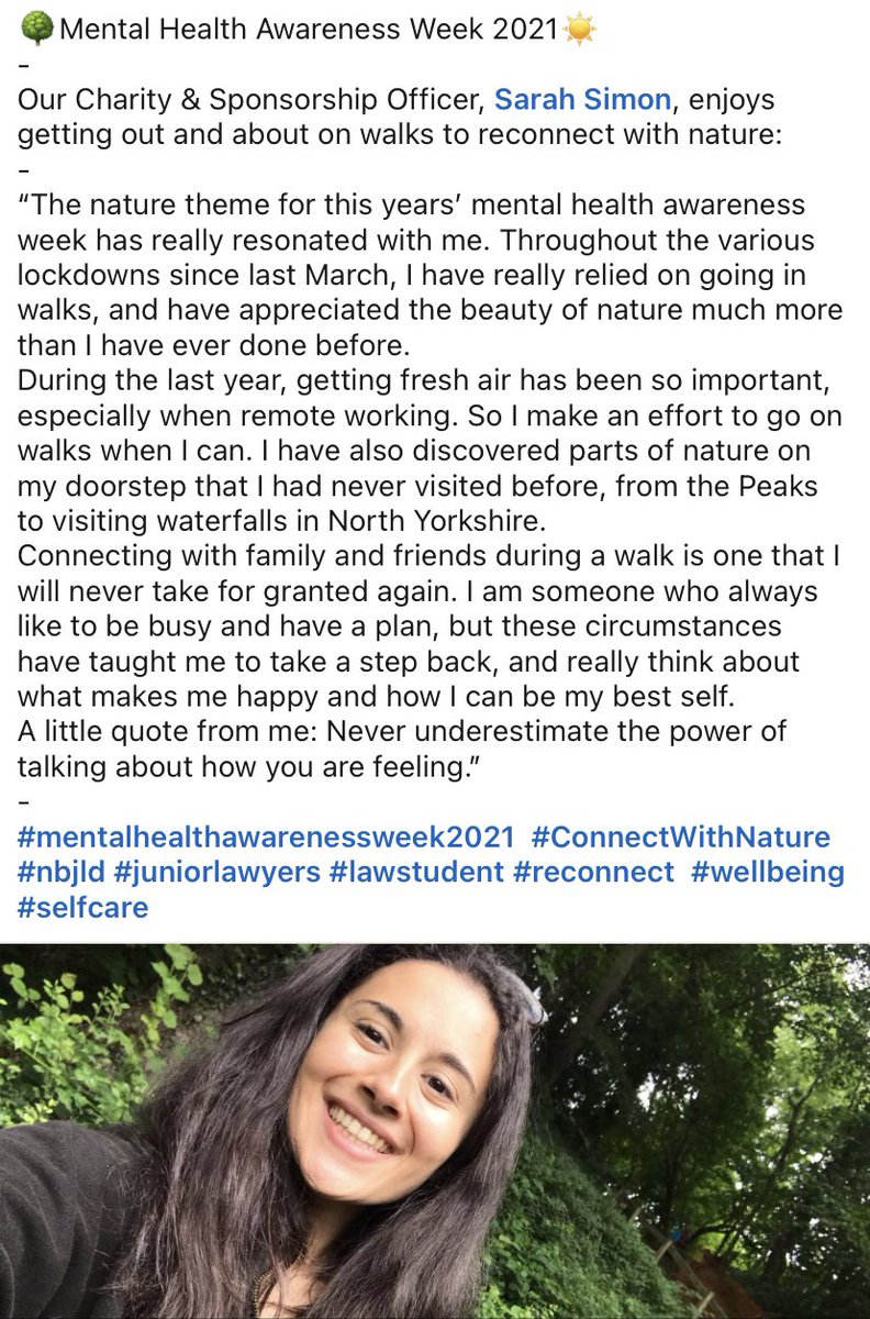 🌳Mental Health Awareness Week 2021☀️
-
Our Charity &amp; Sponsorship Officer, Sarah Simon, enjoys getting out and about on walks to reconnect with nature:

#MentalHealthAwarenessWeek #ComnectWithNature #nbjld #juniorlawyers #lawstudent #reconnect #wellbeing #selfcare