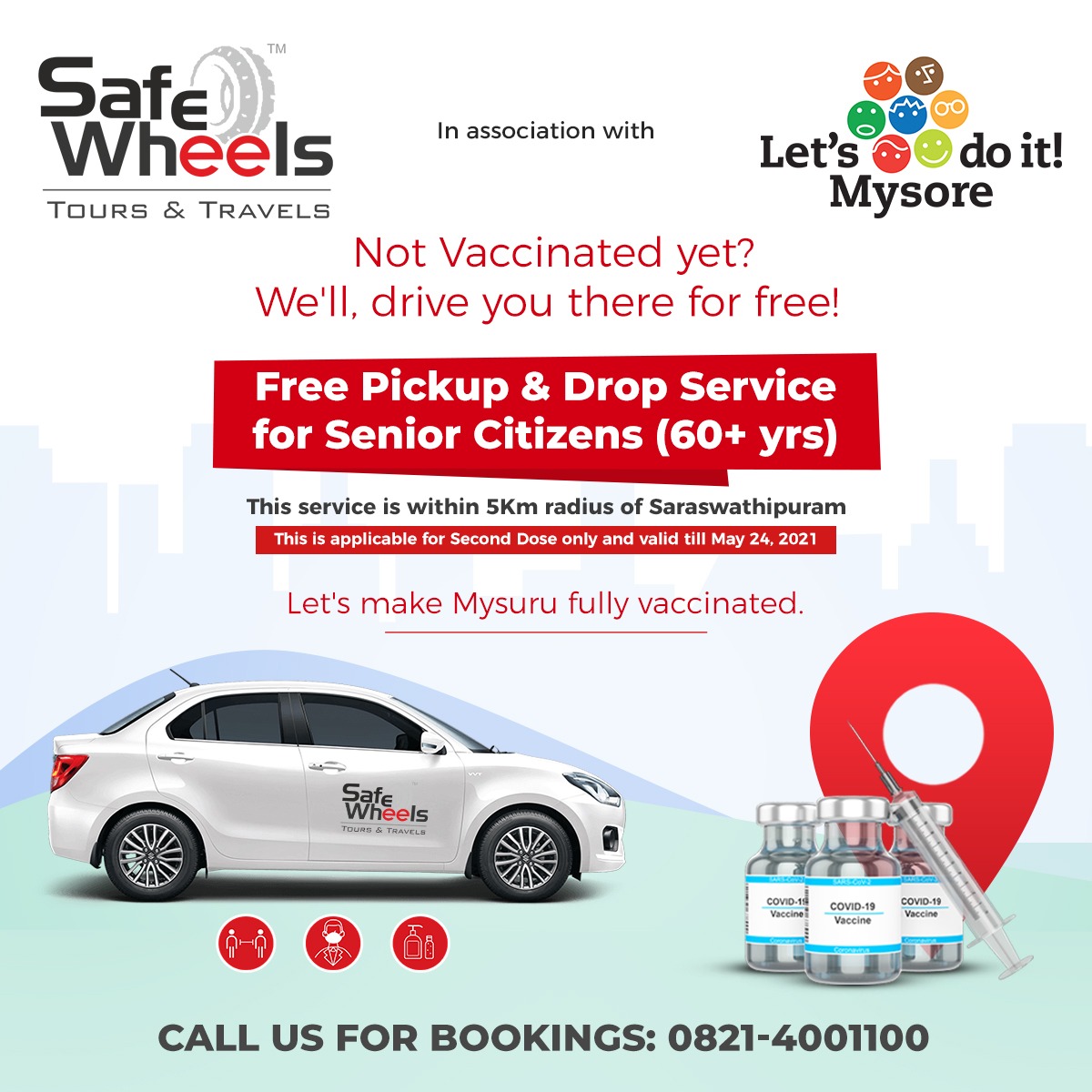 Safe Wheels , in association with Lets do it Mysore , is offering Free Pickup &amp; Drop Service for Senior Citizens going for Vaccination. 

#MasthMysore #LetsDoItMysore #SafeWheels #Vaccination #FreeService #SecondDose #SeniorCitizen #StaySafe #Covid19 #Covid19Vaccination