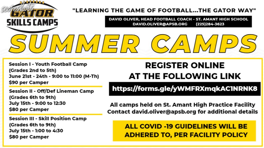 STAHUDLSTAFF's tweet image. **SIGN UP TODAY**  SIGNUP FOR GATOR SKILLS CAMPS - SUMMER FOOTBALL CAMPS ARE UNDERWAY.   FOLLOW THE INSTRUCTIONS BELOW TO SIGN YOUR CHILD UP TO LEARN THE GAME OF FOOTBALL "THE GATOR WAY"   CONTACT DAVID OLIVER AT david.oliver@apsb.org FOR MORE DETAILS