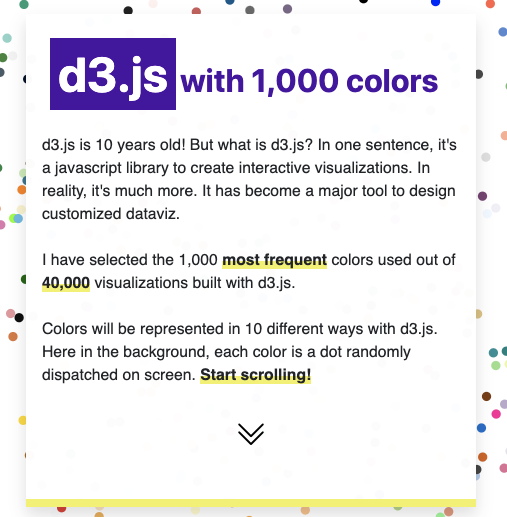 .<a href="/lorismat_/">Loris Mat</a> selected the 1,000 most frequent colors used out of 40,000 visualizations built by the #d3js community and represented them in 10 different ways though scrolly telling. Check it out! lorismat.com/work/d3-colors

🔴🔵🟢🟤⚫️⚪️🟣🟡🟠🌈

#d3Parade #DataViz