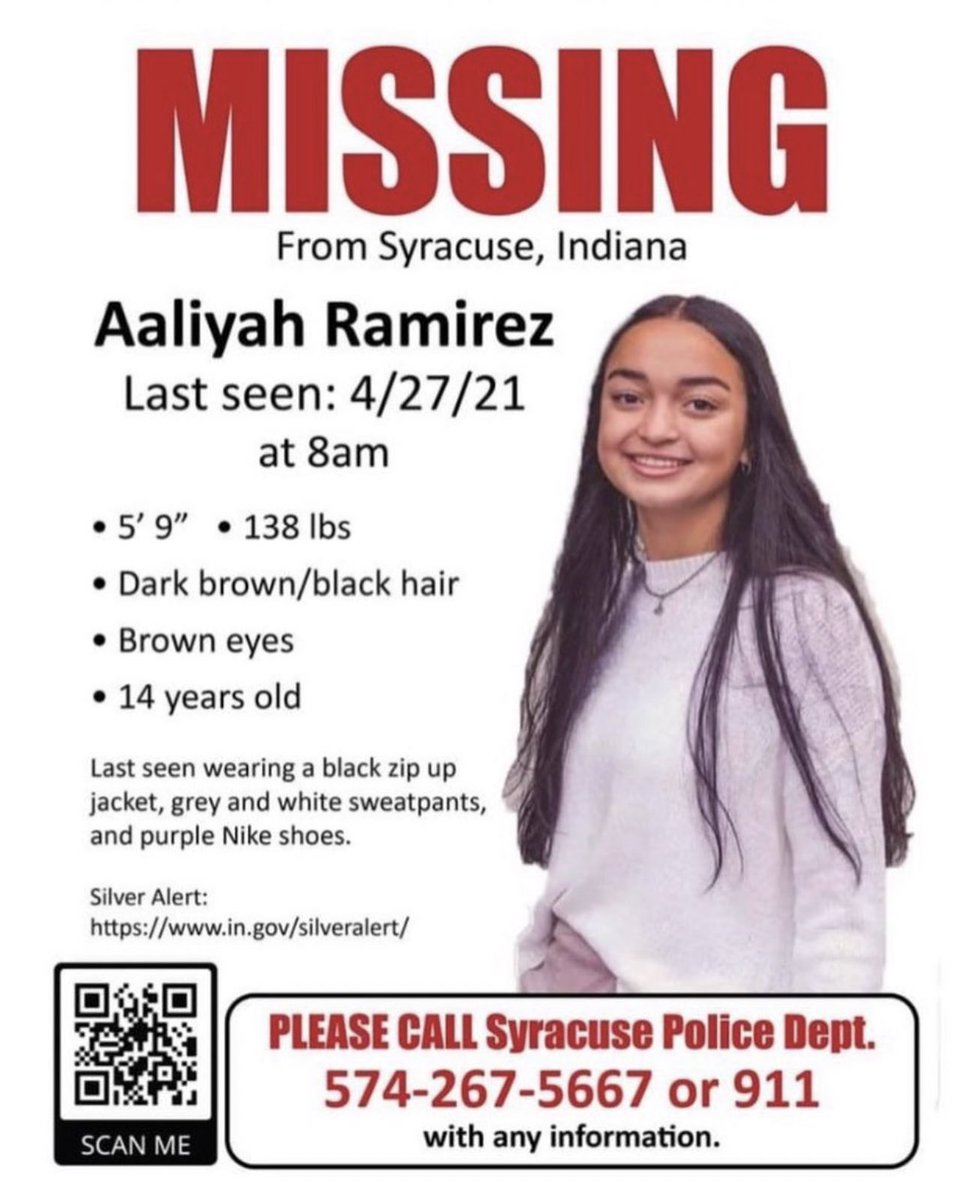 Caitpitch's tweet photo. Aaliyah Ramirez has been missing for 2 weeks. She is believed to be in danger and is likely outside of Indiana. Please help me bring her home! #silveralert #MissingPerson #missingchild #FindAaliyahRamirez https://t.co/5an5aZCIZd
