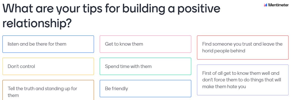 staffscvys's tweet photo. Some suggestions from our #WHAMPlan group on how to build positive relationships this #MentalHealthAwarnessWeek - Big thanks to Dylan and Jack for joining us and delivering to tonight's session https://t.co/s9GUSctm0z