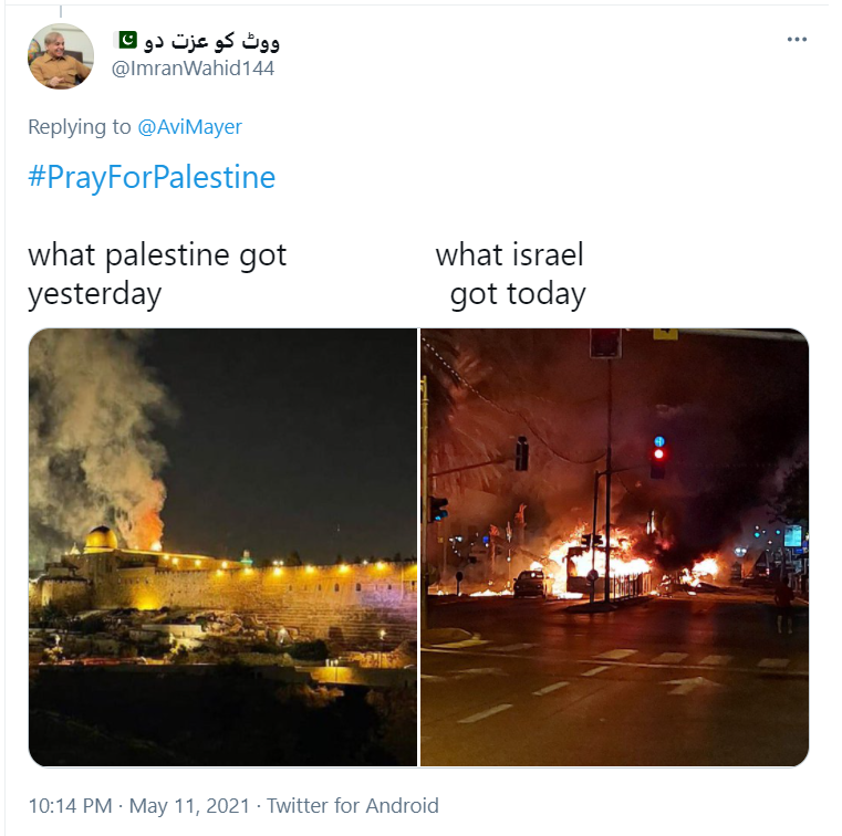 AviMayer's tweet photo. This is perfect.

On the left is a tree that caught fire when Palestinians threw firebombs at Israelis from Jerusalem's Temple Mount.

On the right is a bus hit by a rocket fired from Gaza in the Israeli city of Holon.

BOTH were Palestinian attacks on Israelis.

Beware the lies. https://t.co/eMqSxyxJ7m