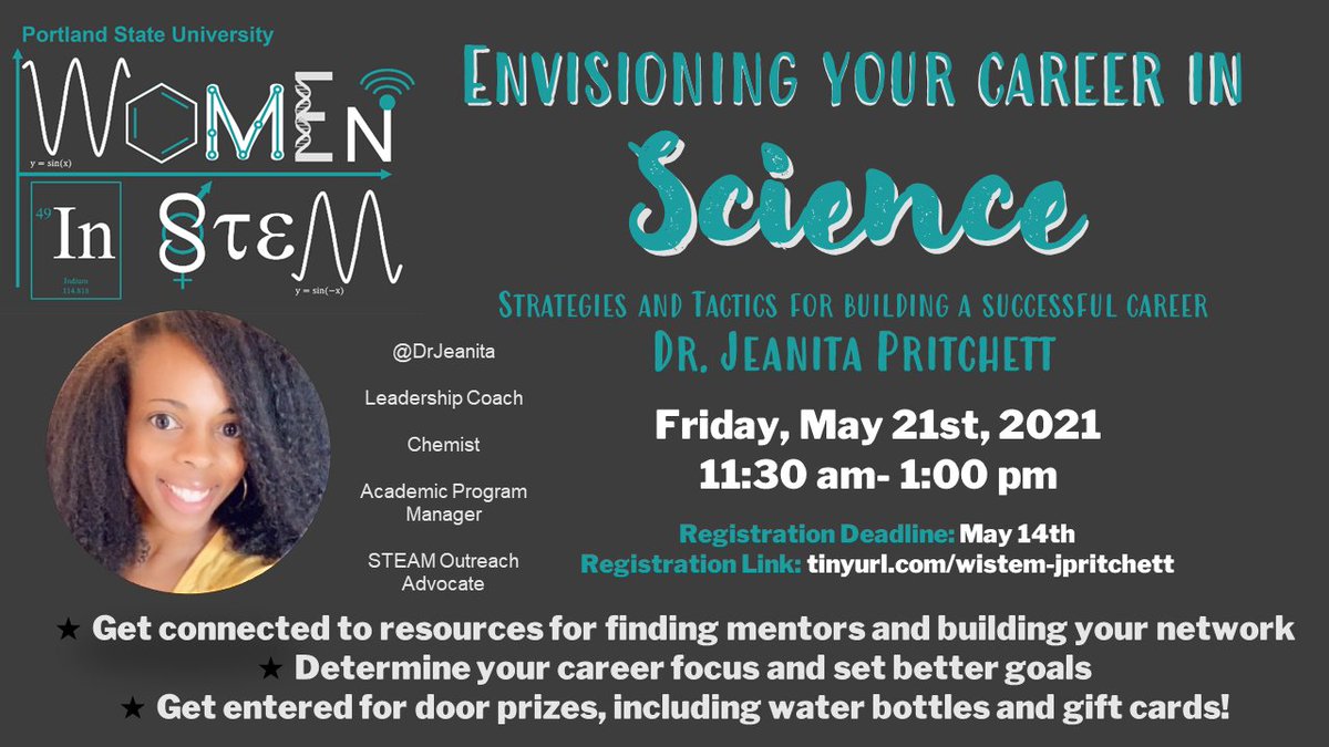 Hey Folks, Portland State Women in STEM is hosting a FREE career counseling event for science students with the inimitable @DrJeanita !!! 

We're super excited, and if you'd like to join us you can register here: tinyurl.com/wistem-jpritch…

<a href="/PDXCLAS/">PSU College of Liberal Arts & Sciences</a> <a href="/PSU_Biology/">PSU Biology</a> <a href="/PSUDiversity/">PSU Global Diversity & Inclusion</a>
