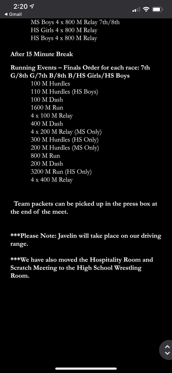 Information about Thursday’s league track meet in Holcomb!
