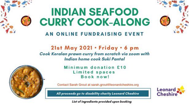 6 places left for our 4th online Indian Curry Cook-along with the wonderful <a href="/sukipantal/">Suki's Curries and Spices</a> - 6pm Fri 21st May
cooking Keralan Prawn Curry
A minimum £10 donation to disability charity <a href="/LeonardCheshire/">Leonard Cheshire</a> fundraising for #inclusivecycling
DM me and Book now!
#UptonHour #MalvernHillsHour