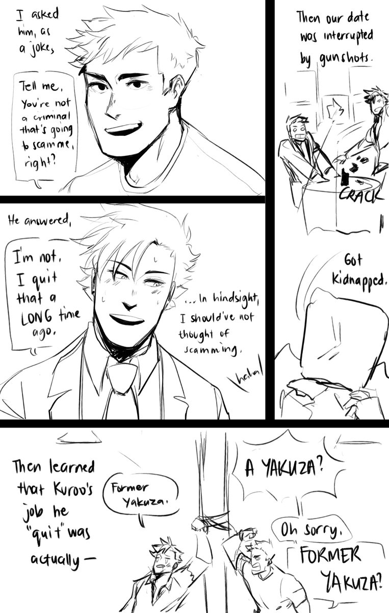 Daichi's Weird, WTF Day: a #kurodai comic for @kurodai_week Day 5: neighbors, yakuza/mercenaries, and handcuffed together (with bonus #terushimayuuji!) 