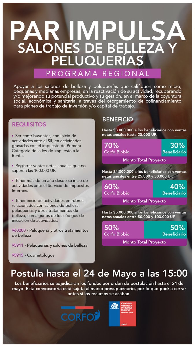 ¡Atención #Biobío! ya está abierta la nueva convocatoria de emergencia regional de Corfo #Biobío  PAR impulsa Salones de Belleza y Peluquerías 💆‍♀️✂️

🔴 No pierdas esta oportunidad postula hasta el 24 de Mayo a las 15:00 hrs en fomentobiobio.cl