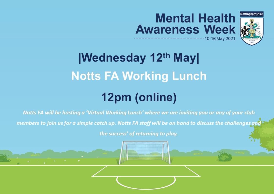 ⚽️🧠 Mental Health Awareness Week 10th-16th May ⚽️🧠 

| Notts FA Working Lunch | Wednesday 12th | 

Feedback Form 👉 shorturl.at/pzMRY 

Meeting Link 👉 shorturl.at/gEOQZ

#MentalHealthAwarenessWeek2021 #mentalhealthawareness #football #nottingham #nottinghamfootball