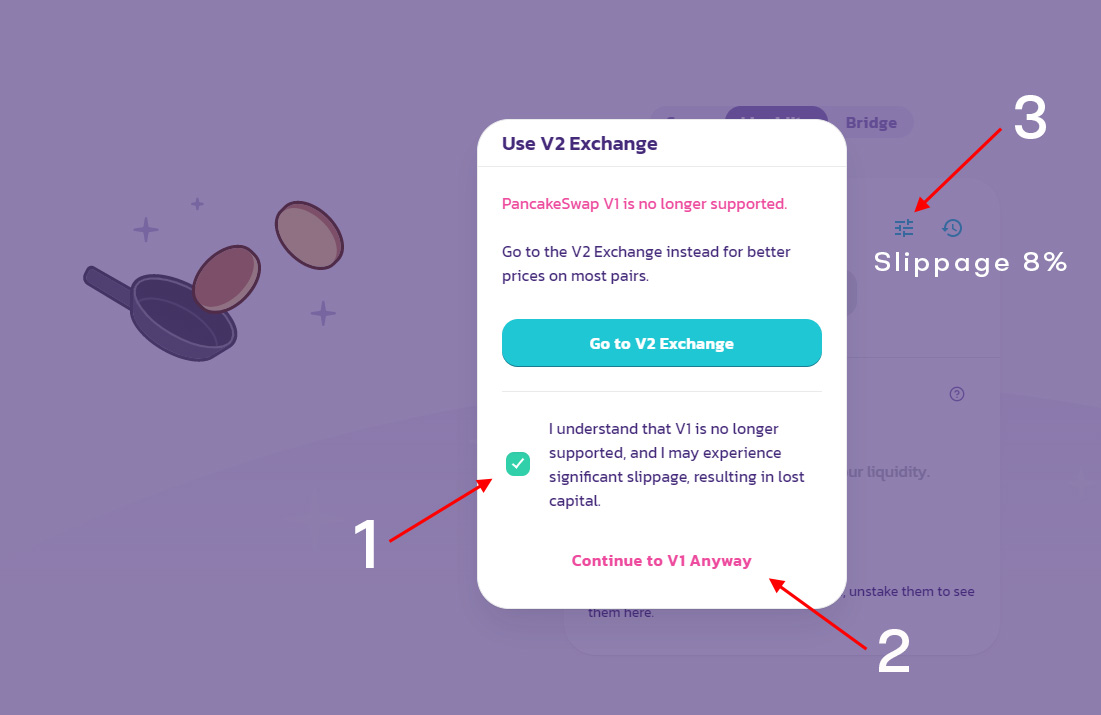 🚨HOW TO BUY #SPE on PancakeSwap🚨 

1. Click the V1(old) button
2. Check the box I understand that V1 is no longer supported.
3. Wait 10 seconds until the confirmation button is active
4. Press the button Continue to V1 anyway.
5. Set slippage to 8%
6. Trade