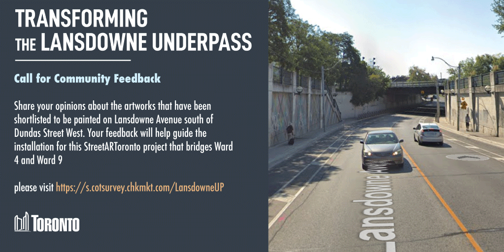 Alwayzeke's tweet photo. Call for Community Feedback

Lansdowne Underpass Art Project

The StreetARToronto Lansdowne Underpass Art Project will transform the east side of the Lansdowne. See design concepts and share your feedback here: https://t.co/atkitxu7of https://t.co/Y4GDjngQmz