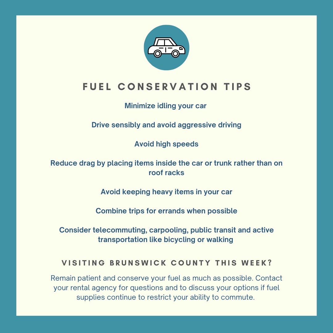 BrunswickGovt's tweet photo. It's important that we all conserve fuel to avoid creating potentially dangerous lines around gas stations. Here are some best practices. #Brunsco

We're also conserving to support critical county services following the Colonial Pipeline shutdown. More: https://t.co/rYqP3kjhfa https://t.co/YgsNxRWsTP