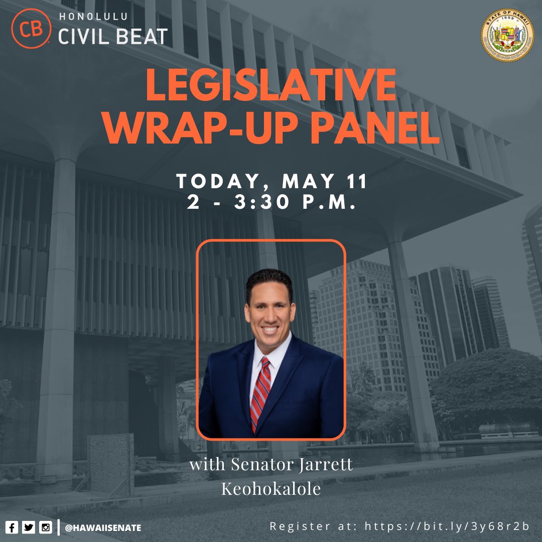 HawaiiSenate's tweet photo. Don't miss Senator Jarrett Keohokalole today as a panelist for a Legislative Wrap-Up discussion with Honolulu Civil Beat!

Register here: https://t.co/U8Su1OdKo7

And submit questions here: https://t.co/A2pc1ggxR6

#HawaiiStateSenate https://t.co/ILFFMI1ryI