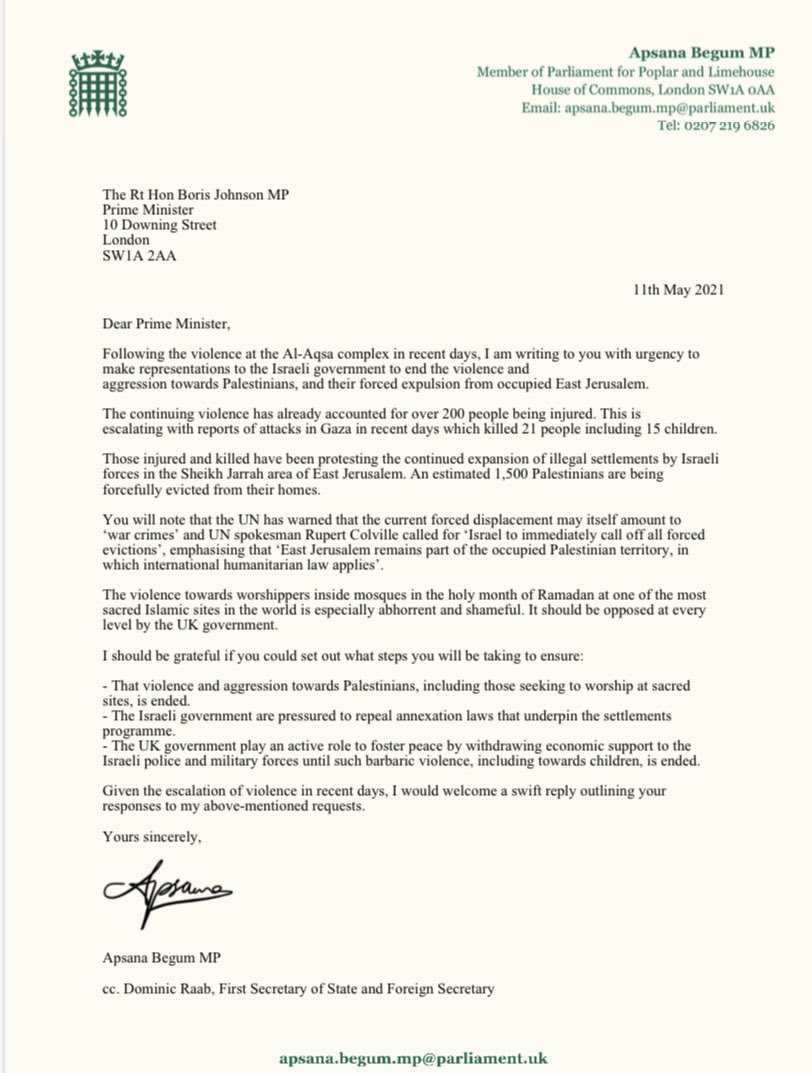 ApsanaBegumMP's tweet photo. On behalf of 100s of constituents who’ve written in, I’ve made representations to the Prime Minister - the UK should not be complicit in Palestinian oppression.

That govt should withdraw economic support of Israeli forces targeting Palestinian civilians, worshippers &amp; children. https://t.co/ECNehMreYT