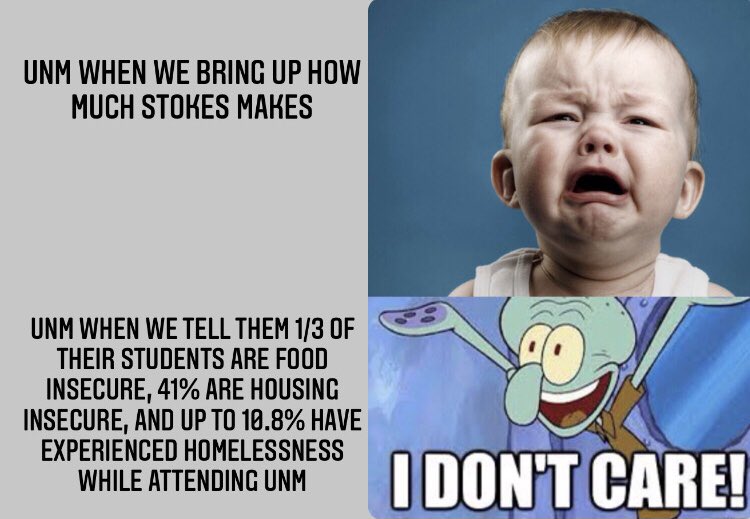 unmgradworkers's tweet image. After we mentioned the amount of $$ @PresidentStokes makes in comparison to others, &amp;amp; the high levels of food and housing insecurity UNM students face, the Board felt it necessary to defend Stokes and her pay. They even went so far as to repeatedly say how she was “underpaid.”