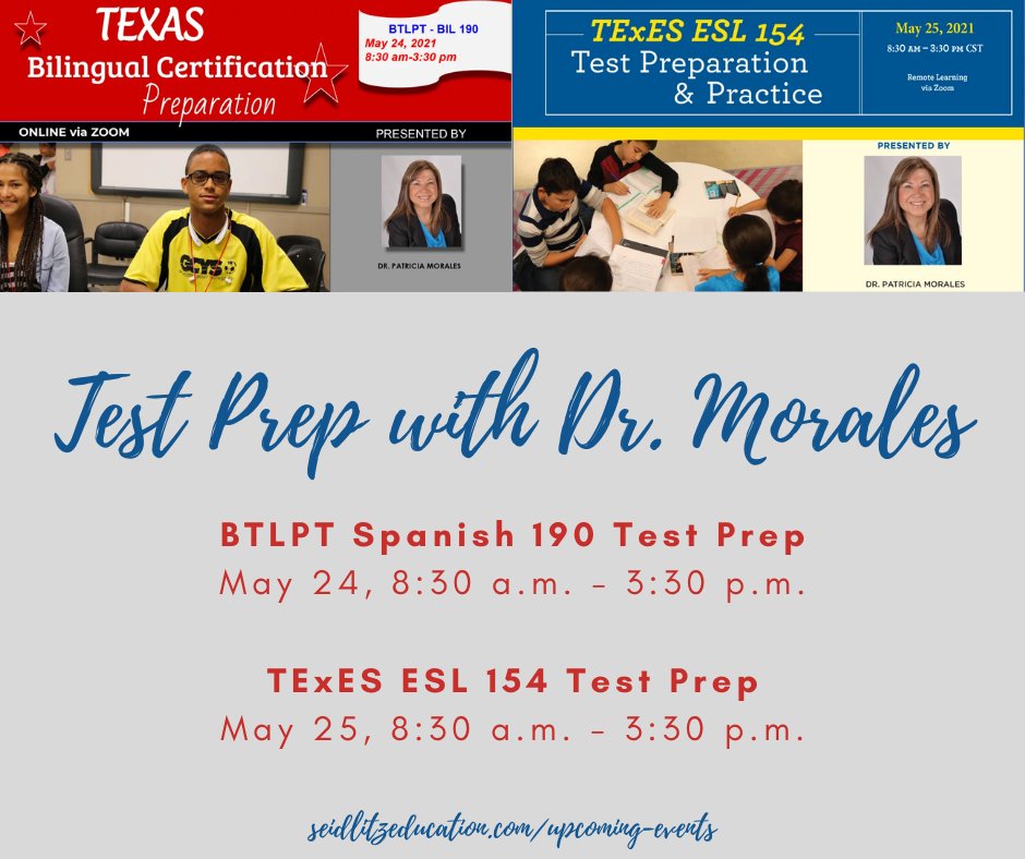 We're thrilled to offer new dates for #Bilingual &amp; #ESL Certification #TestPrep w @DrPatMorales this month! If you're preparing for BTLPT 190 or TExES ESL 154, don't miss your opportunity to get a powerful leg up! seidlitzeducation.com/upcoming-event…