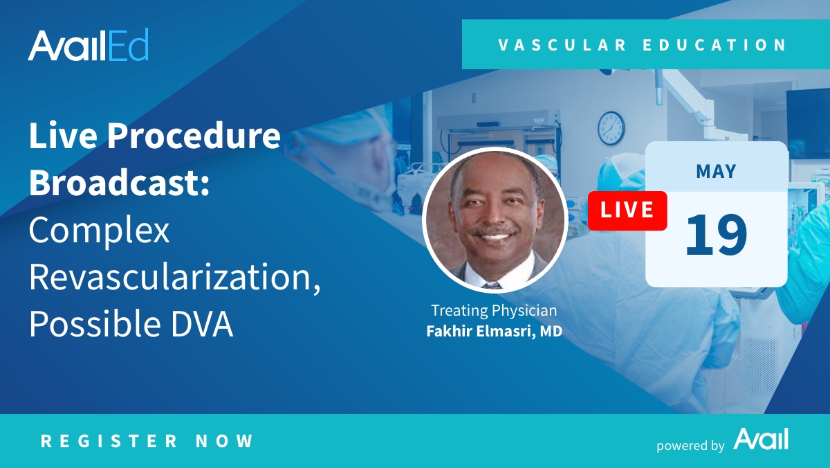 AvailMedsystems's tweet photo. Avail is hosting #vascular #surgeon @ElmasriFakhir from @LakelandVascul1 in Florida. He will perform complex revascularization, possible DVA procedure on Wednesday, May 19, 2021, at 8:00 am ET (5:00 am PT).
Register at: https://t.co/NxbPRbVRtK
#TwittIR #IRad #IRadRes #IRexpert https://t.co/LeRVHxOe3I
