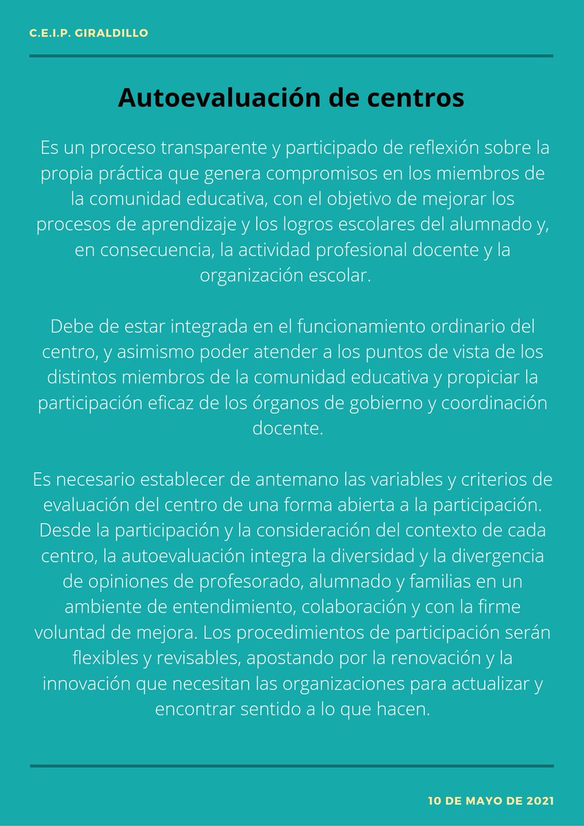CeipGiraldillo's tweet photo. Os dejamos un póster cuando la información de qué es y en qué consiste la AUTOEVALUACIÓN DE LOS CENTROS.

@LolaDaz https://t.co/cPw0YSIE8v