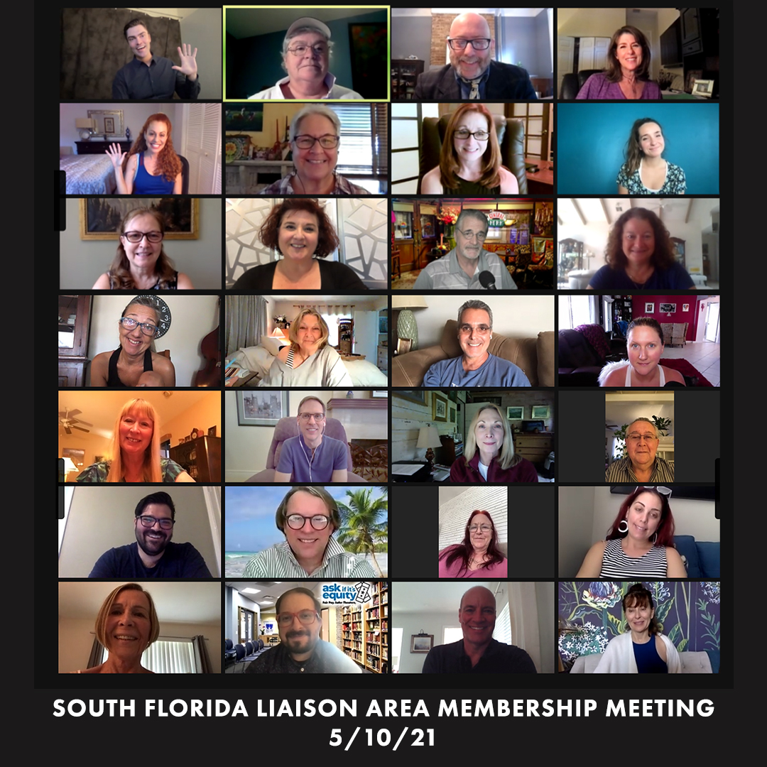 ActorsEquity's tweet photo. Yesterday, Denver and South Florida had their liaison area membership meetings via Zoom. Staff and elected officials were available to share updates on reopening and recovery. It was a pleasure to see members excited about going back to work safely. https://t.co/9Ht39nusvx