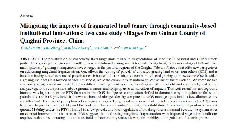 Just published: Gongbuzeren et al.  "Mitigating the impacts of fragmented land tenure through community-based institutional innovations: two case study villages from Guinan County of Qinghai Province, China" 
doi.org/10.5751/ES-123…
#communitybasedmanagement;