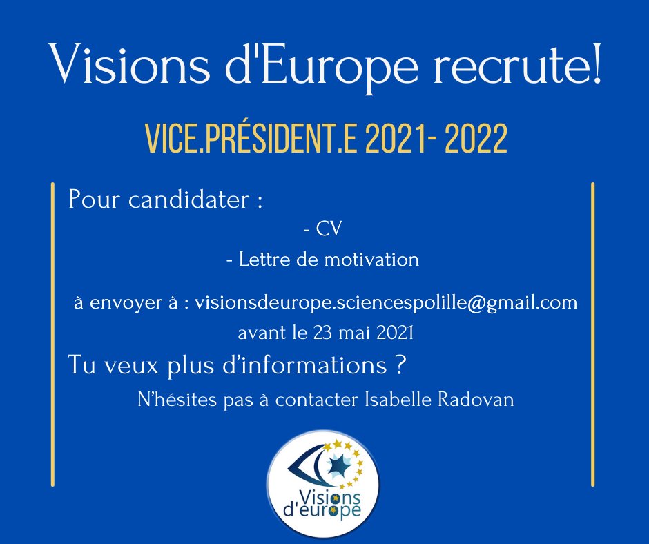 🇪🇺 Semaine de recrutement 🇪🇺
Visions d'Europe recrute un.e vice président.e !
Découvrez le témoignage de Isabelle Radovan
Pour candidater : CV + lettre de motivation à envoyer à visionsdeurope.sciencespolille@gmail.com avant le 23 mai